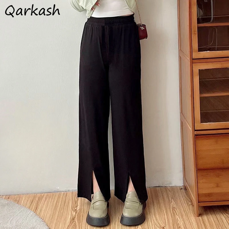 

XL-6XL Wide Leg Pants Women High Waist Solid Loose Fit Slit Casual Minimalist Style All-match Simple Summer Trousers Female Chic