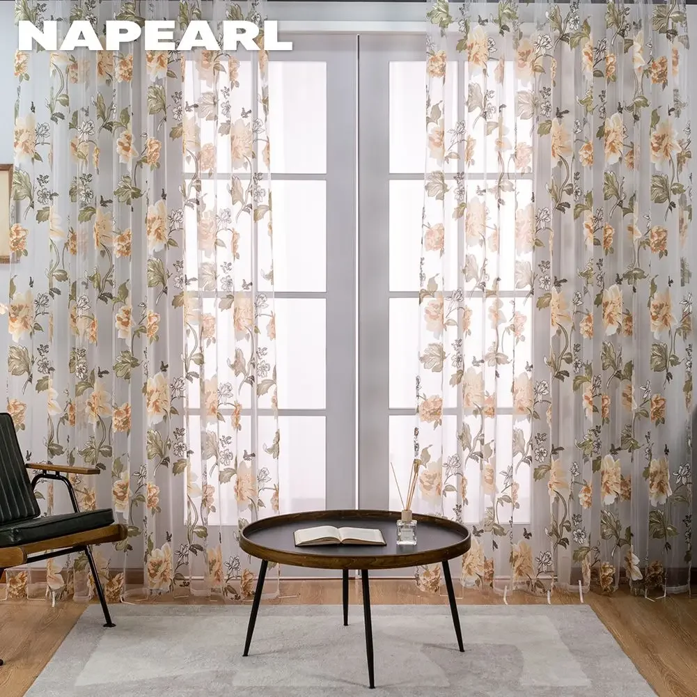 Floral Sheer Window Curtains For Kitchen Living Room Bedroom Tulle Curtains Drapery Home Decor Room Divider 1 Panel Drapes