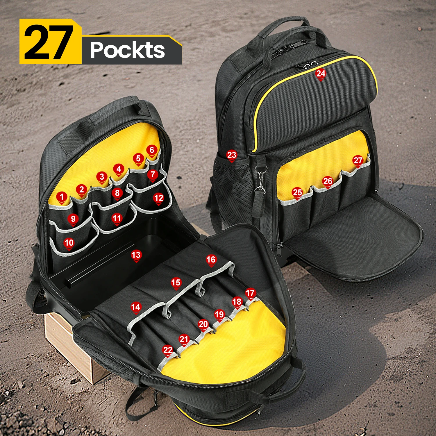 WINHUT，Tool Backpack with Hard Base and 27 Storage Compartments for Large-Capacity Storage (with Black Base and Yellow Trim)
