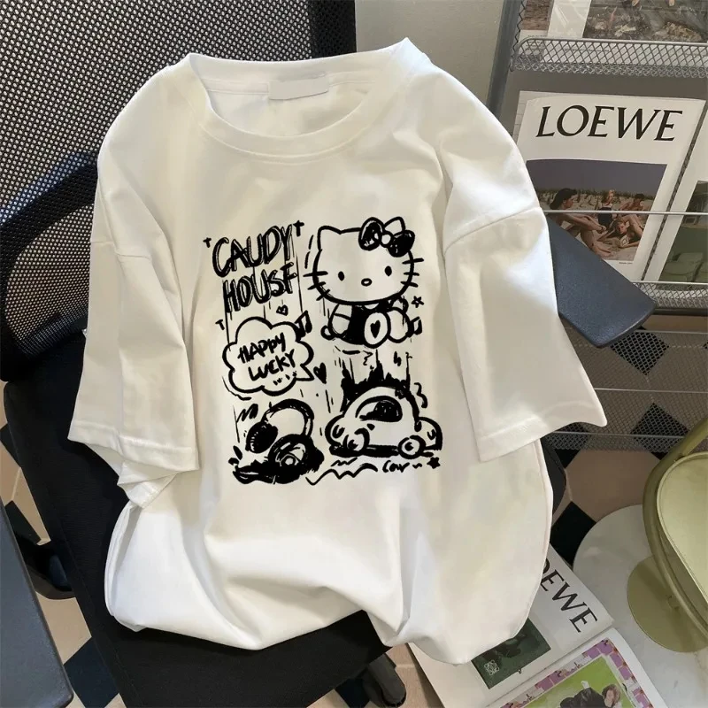 

Женская футболка с принтом Hello Kitty Cat, свободная версия, летний женский повседневный женский топ с короткими рукавами High Street Y2k