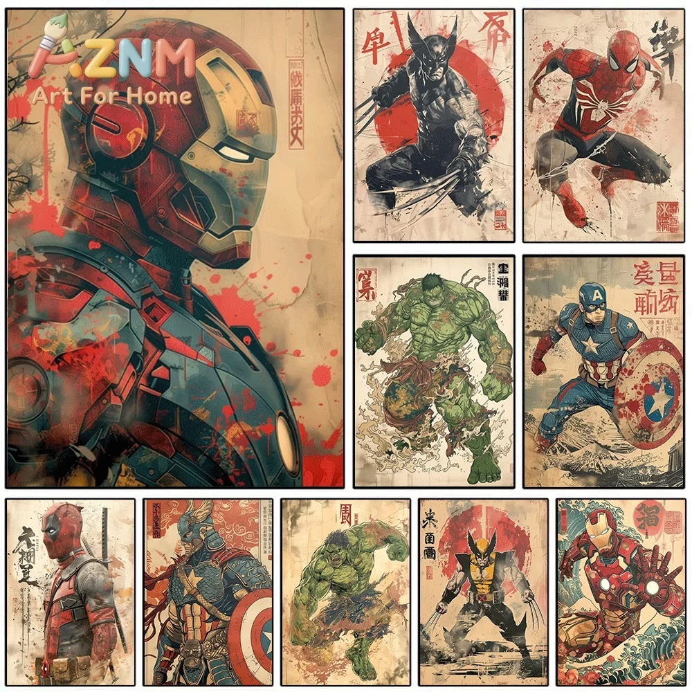 Iron Man Spider Man Wolverine Hulk Japanese Ukiyo E Canvas Wall Art Unframed Canvas Print Superhero Poster Home Decor Gift