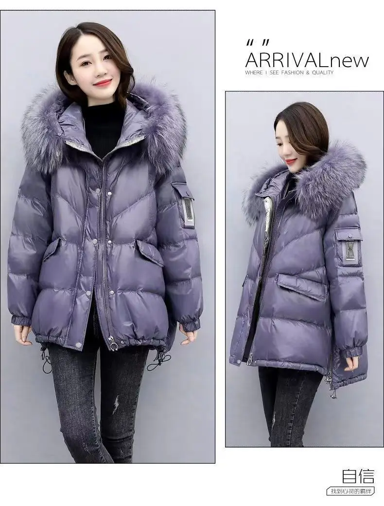 2026 Winter New Warm Down Cotton Jacket With Large Fur Collar Hooded Coat Loose Women Thicken Parker Puffer Overcoat Casual Wear