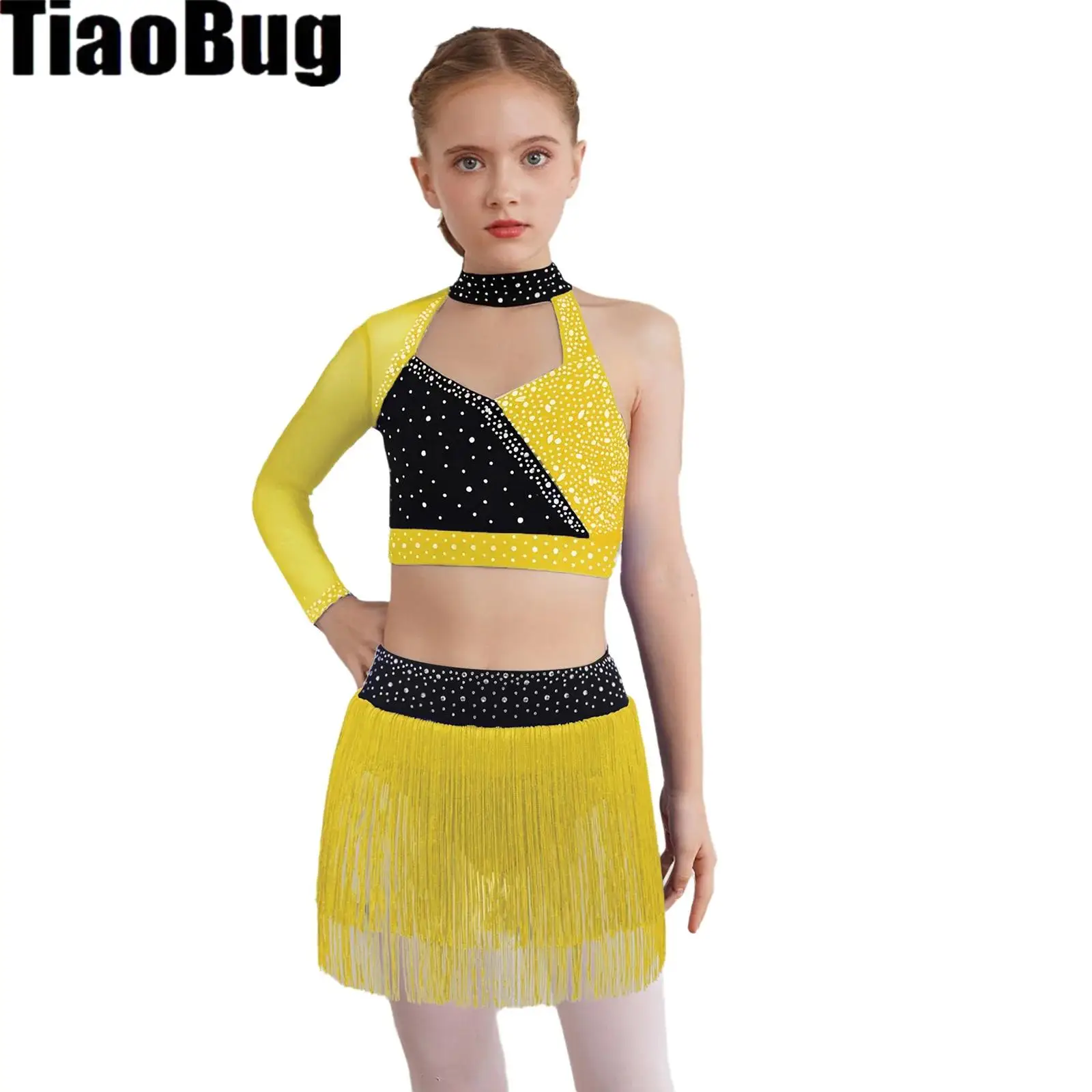 

Kids Girls Sheer Mesh Latin Outfit Long Sleeve Cutout Back Shiny Rhinestones Color Block Crop Top with Tassel Briefs Skirt
