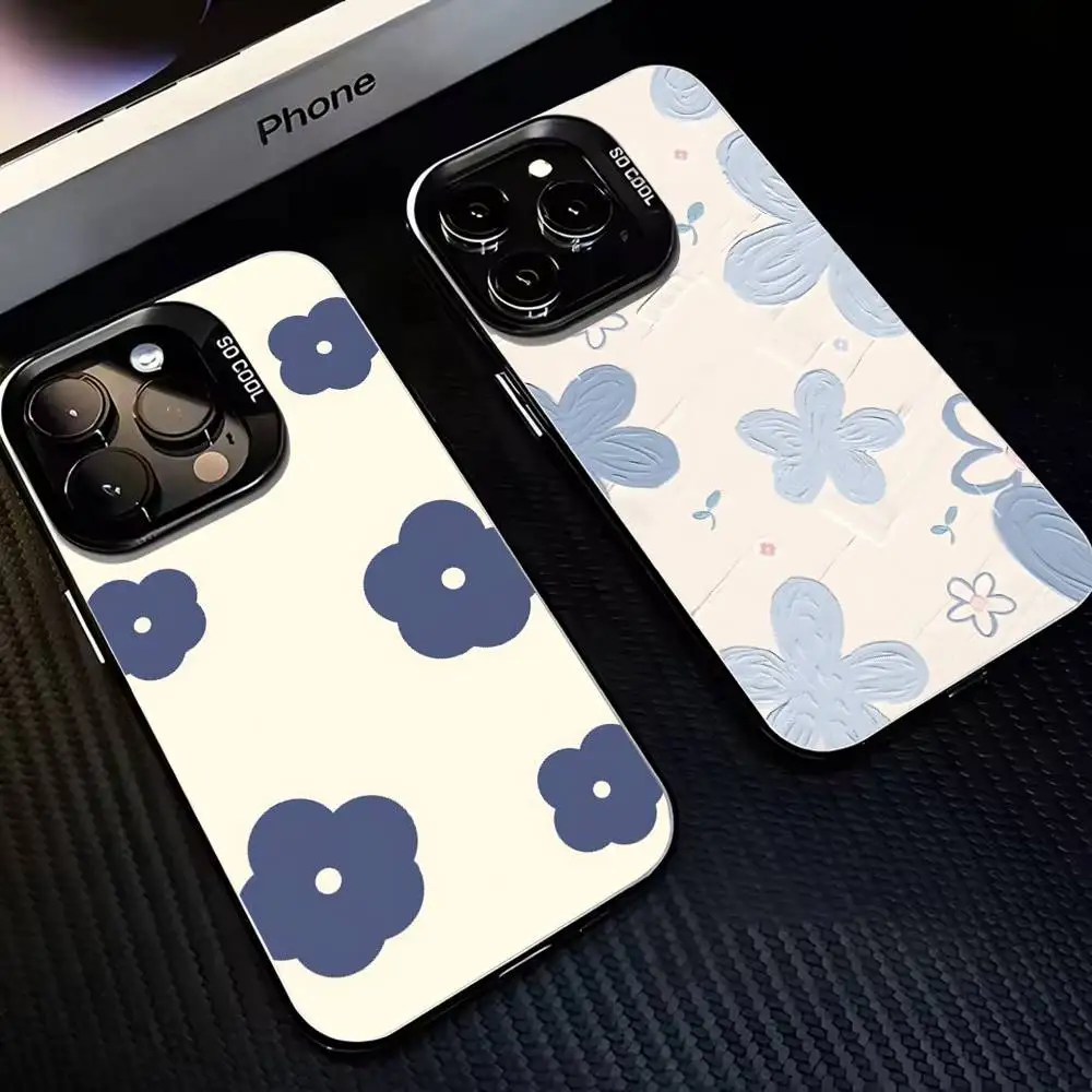 

Чехол для телефона с синим цветком для iPhone 17,16,15,14,13,12,11 Plus, Pro Max, черный матовый противоударный чехол