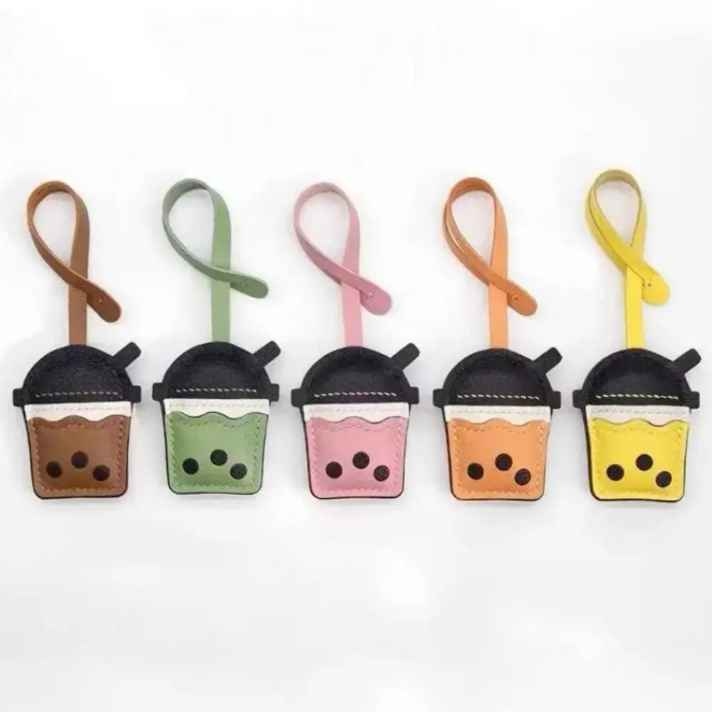 

Lovely PU Leather Hanger Pearl Milk Tea Cup Pendant Car Keyring Fashion Pu Keychain Creative Cartoon Bag Pendant Car Accessory
