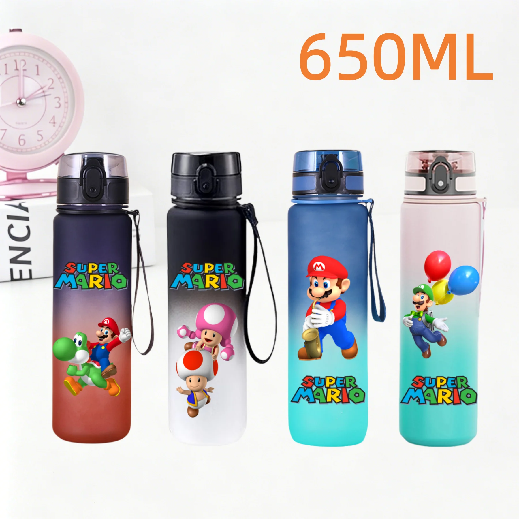 Garrafa de água esportiva super mario 650ml, garrafa de água portátil para meninos e meninas, à prova de vazamento, grande capacidade, presente para crianças