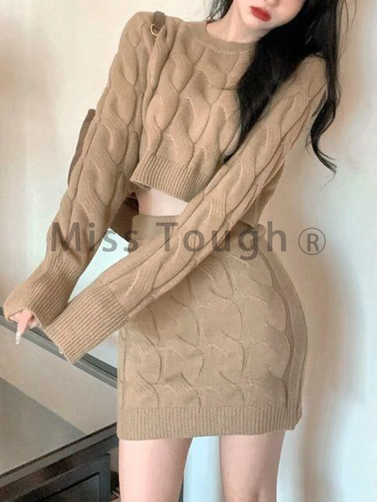 Winter Korean Fashion Solid Knitted Two Piece Set Slim Long-sleeved Pullovers + High Waist Skirt New Casual Knit Suit Women 2024