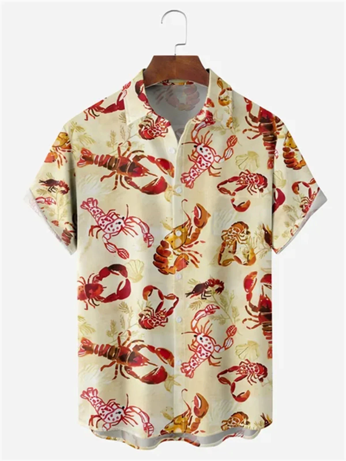 Camisa havaiana com estampa de lagosta masculina, elegante e casual, férias de praia, verão, 2024