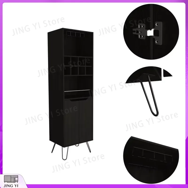 High Bar Wine Cabinet with 8 Built-in Wine Racks 2 Single Door Storage Cabinets Black Freestanding Beverage Cooler for Home
