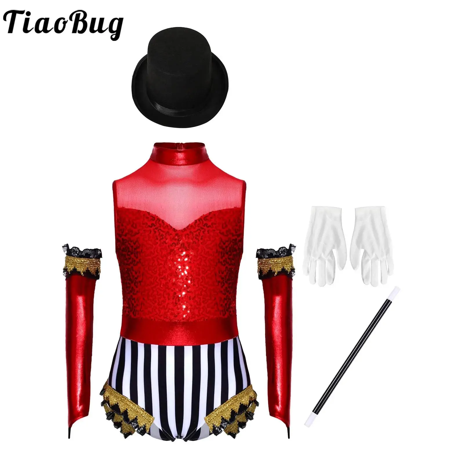 

Girls Circus Magician Performance Costumes Halloween Dancewear Sleeveless Jumpsuit And Matched Over-Sleeve Hat Magic Wand Gloves