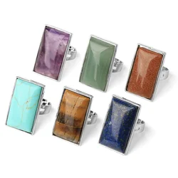 Rectangle Natural Stone Finger Rings Silver Color Adjustable Ring Healing Amethyst LapisLazuli Aventurine Crystal Quartz Jewelry