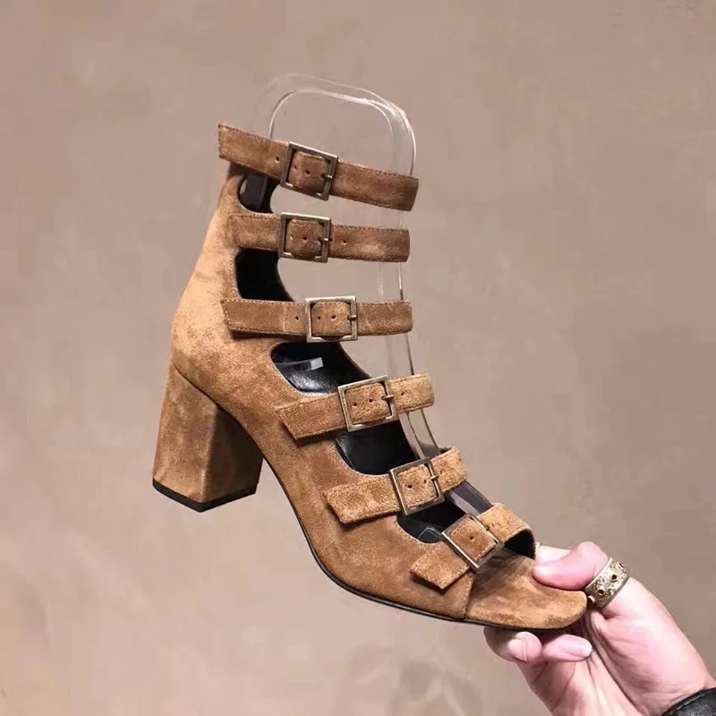 Brown Suede Leather Strap Metal Buckle Peep toe Sandals Boots Women Chunky Heels Bottines Shoes Gladiator Summer Ankle Boots
