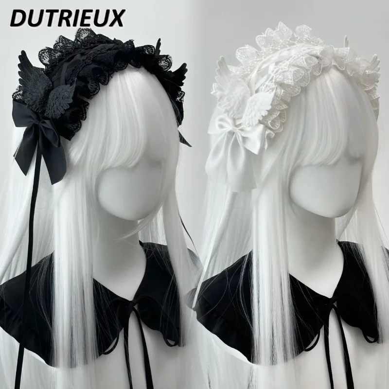 Black and White Goth Angel Wings Headband Halloween Japanese Subculture Lolita Sweet Cute Girls Lace Hair Bow Accessories