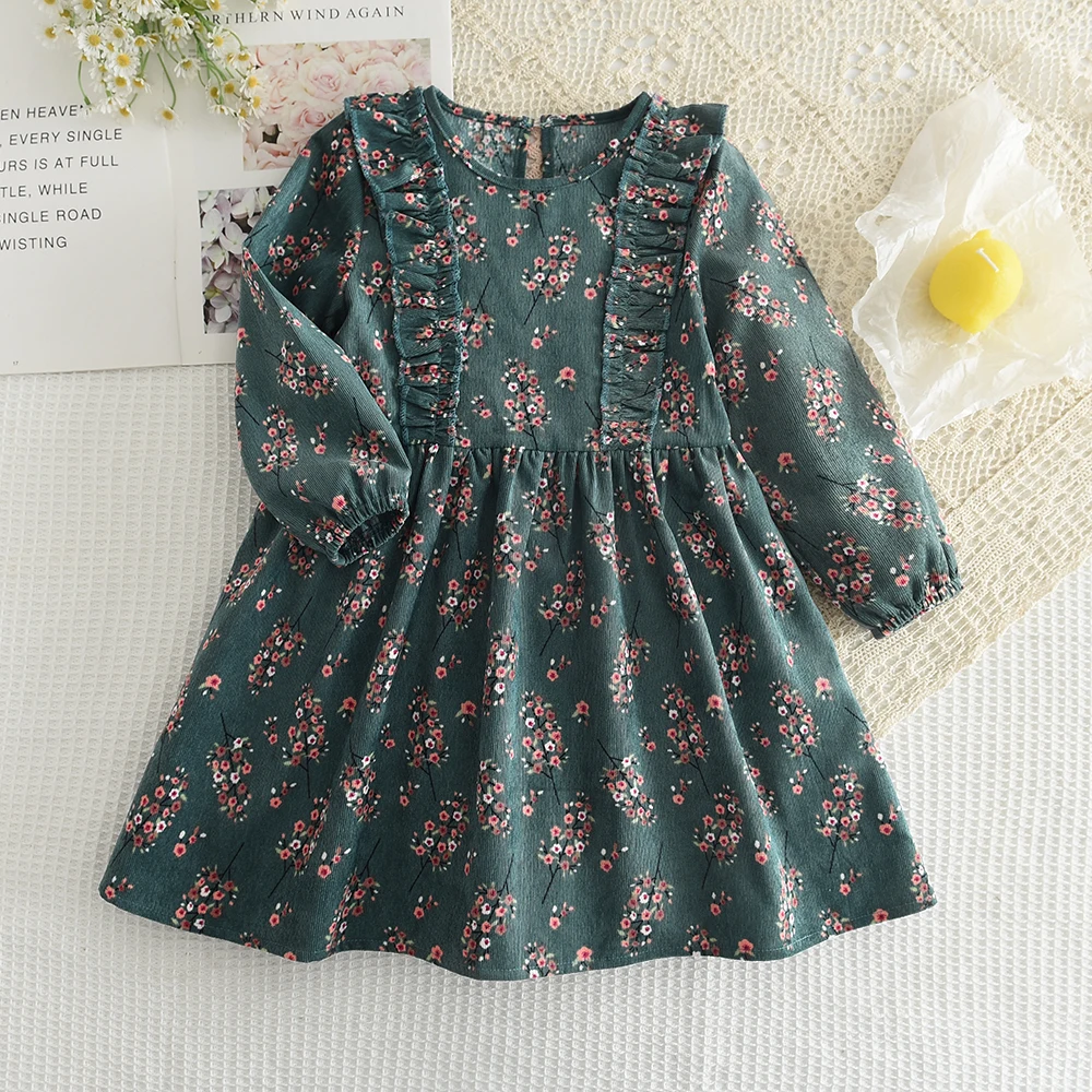 Girls' Dress 2023 Autumn New Girls' Round Neck Ruffled Flower Print Long Sleeve Dress Children's Fashion Dress