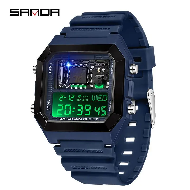 SANDAD 6216 Men\'s Electronic Watch Square Multifunctional Chronograph Date Silicone Strap Digital Display Wrist Watches for Male