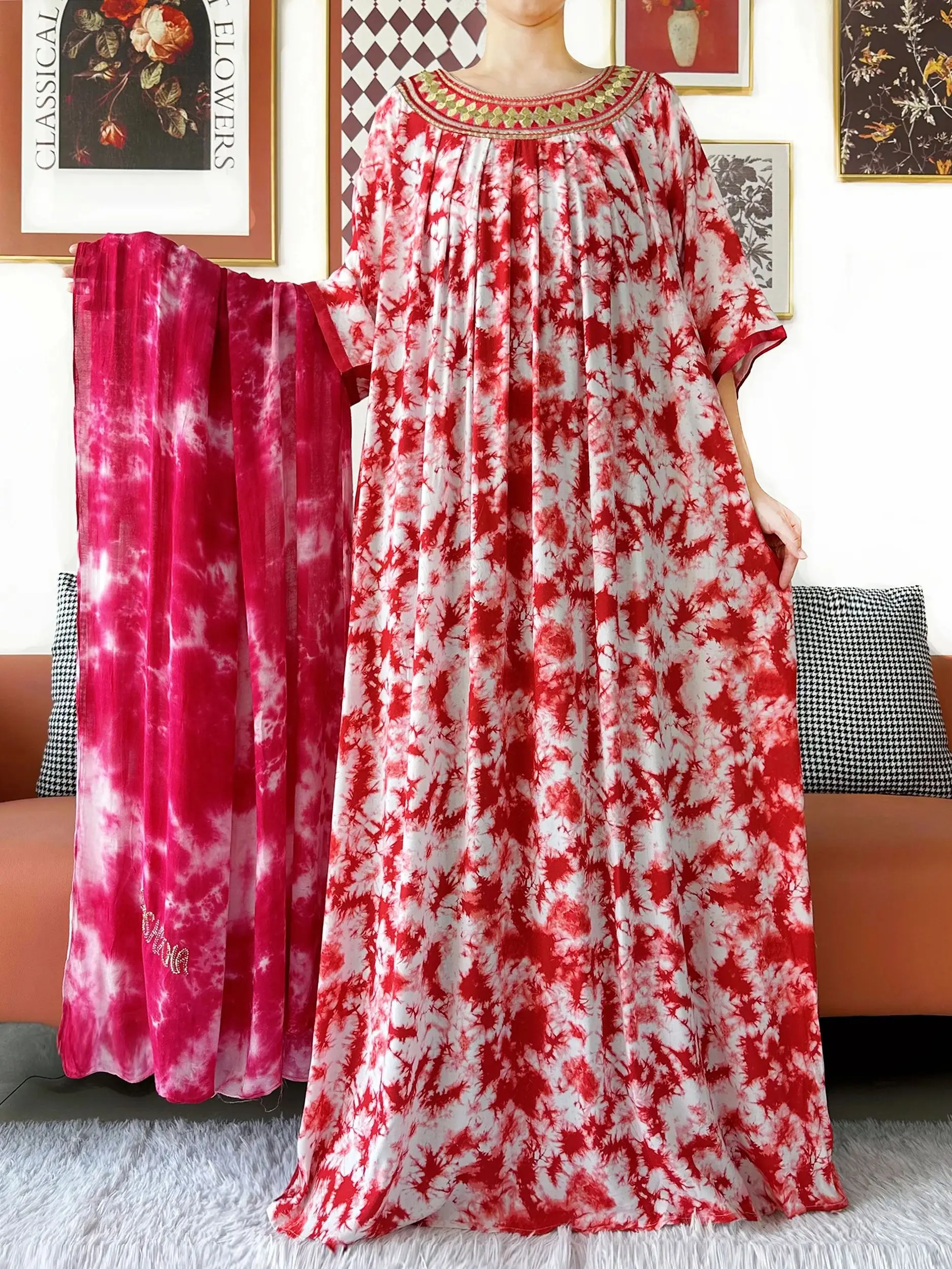 Kashkha أنيقة عباية فستان قصير الأكمام التعادل صبغ القطن المرأة فضفاض عباية بوهو فستان ماكسي فساتين راقية غير رسمية الأفريقية