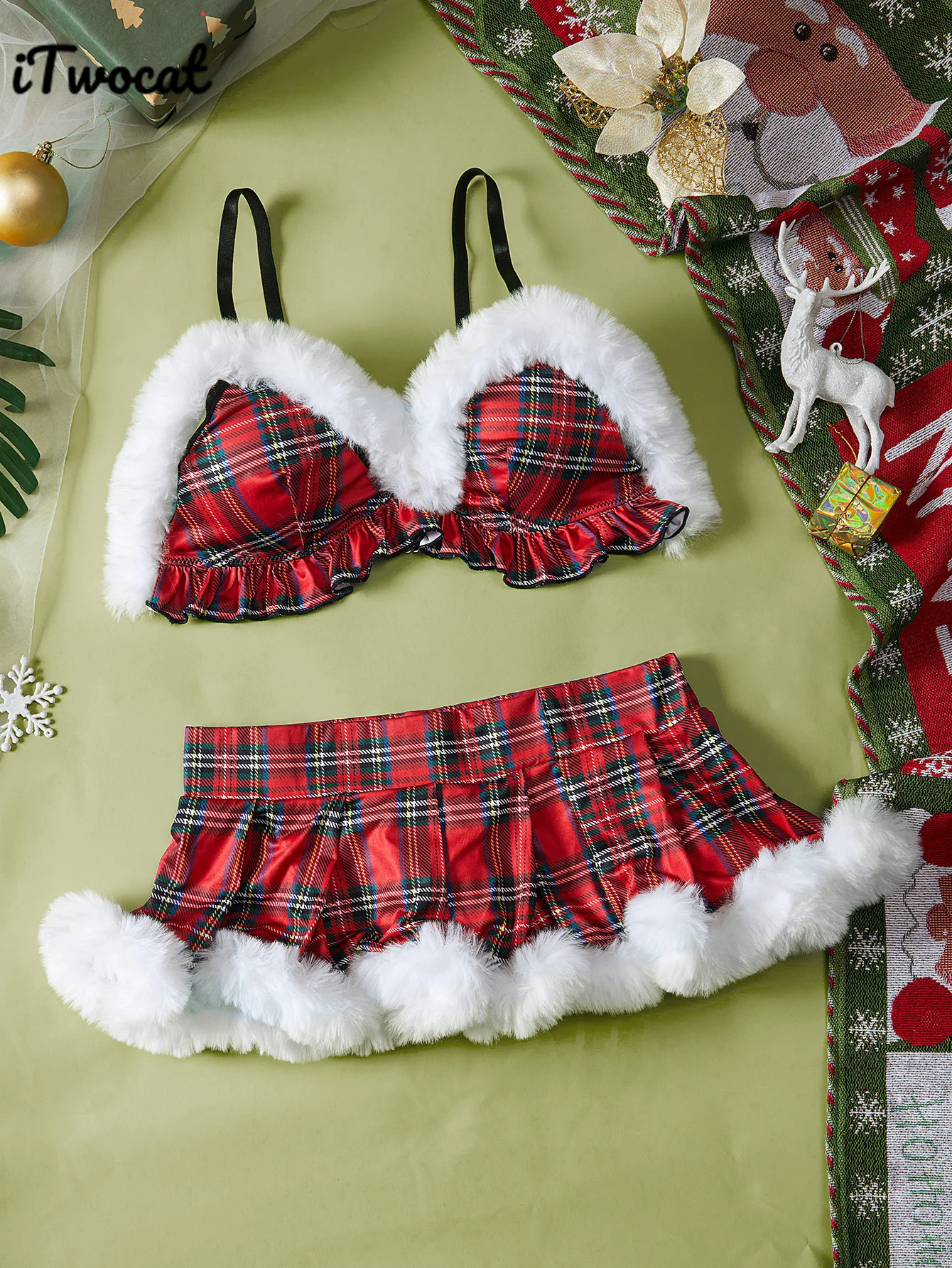 iTwocat Christmas Erotic Bras Sets For Women Sexy Lingerie Suit Plush Red Plaid Bras+Skirts 2pcs New Year Adult Sex Underwear