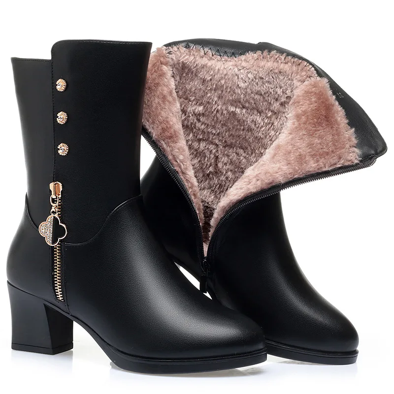 Women Winter Warm Boots Soft Leather Padded Cotton Design Plush Fur Lining Mid‑Heel Comfort Daily Outdoor Ladies Footwear