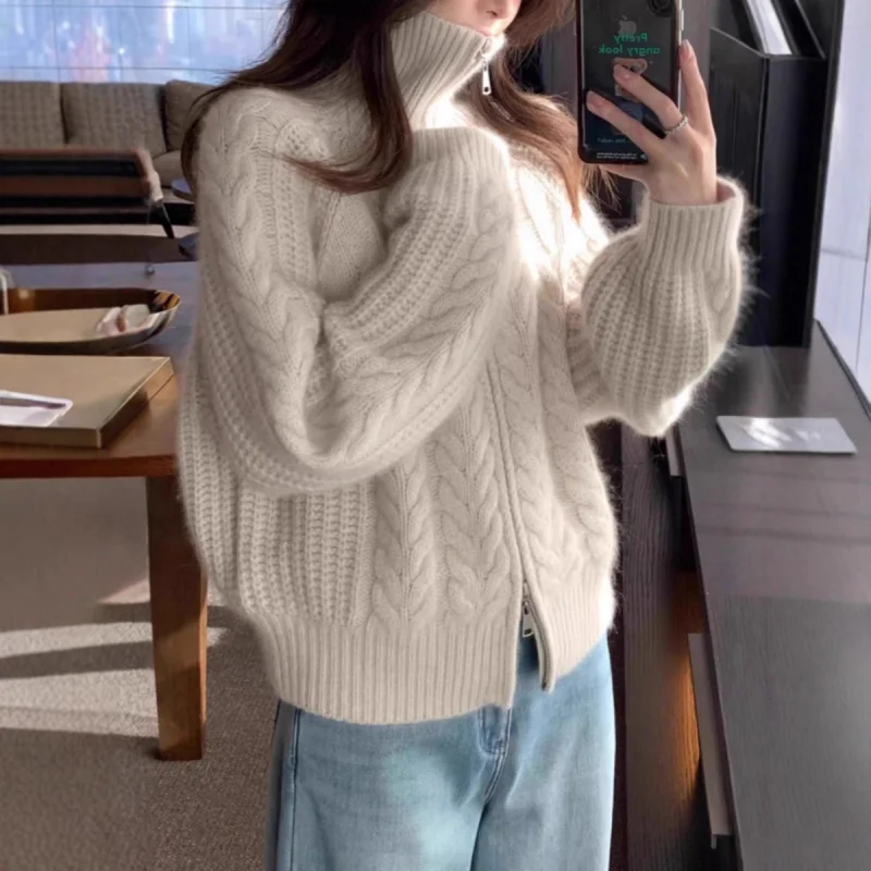 

Винтажный женский шерстяной кардиган с двойной молнией, новый осенне-зимний толстый свитер с высоким воротом, свободный вязаный топ