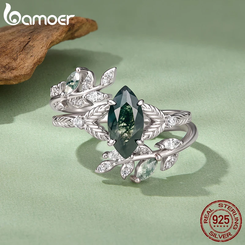 BAMOER Natural Moss Agate Leaf Ring 925 Sterling Silver Stackable Plants Rings Set for Women Party Fine Jewelry Gift 4