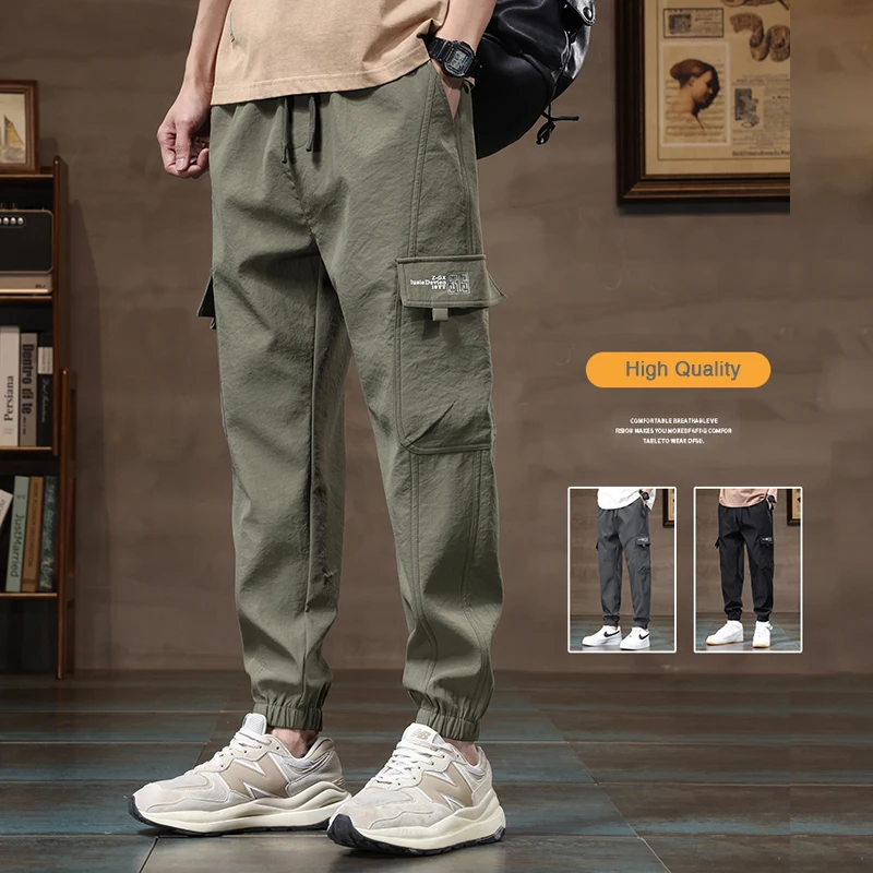 

Summer Clothes Men's Cargo Casual Pants Fashion Breathable Soft Fabric Men's Pants Bound Feet Trousers Male Black Gray Green