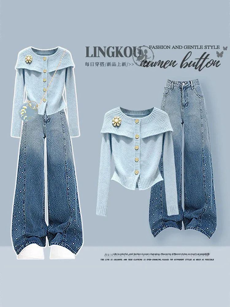 

Korean Style plus Size Knitted Set Women's College Style Slimming Gradient Jeans Two Piece Suit Autumn Winter Casual Fashion