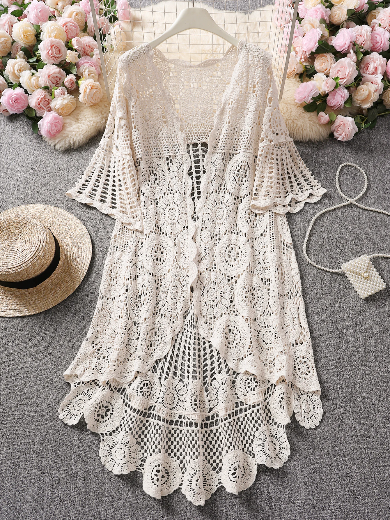 Women's Regular sleeves Bohemian Style Crochet Cardigan Spring Summer Open Knitwear Casual Ethnic