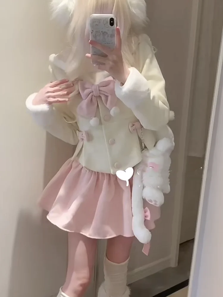 Outono inverno japonês kawaii doce 2 peça ternos feminino bowknot bonito magro colheita topos casacos de cintura alta cor pura mini saia conjuntos