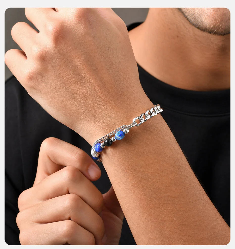 Vnox Herren-Doppelschicht-Armband, Edelstahl Kubanisches Türkis-Perlenarmband, Verstellbarer Schmuck für Männer, für den täglichen Gebrauch und Partys. – Detail 2