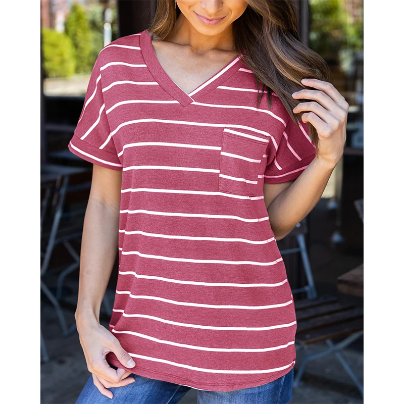 

Fashion Casual Striped V-neck Short Sleeved Top for Women's Daily Wear