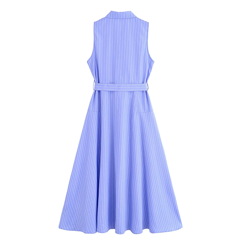 فساتين YENKYE قميص طويل مخططة باللون الأزرق للنساء بزر أمامي مع حزام على شكل حرف a بدون أكمام فساتين ماكسي أنيقة