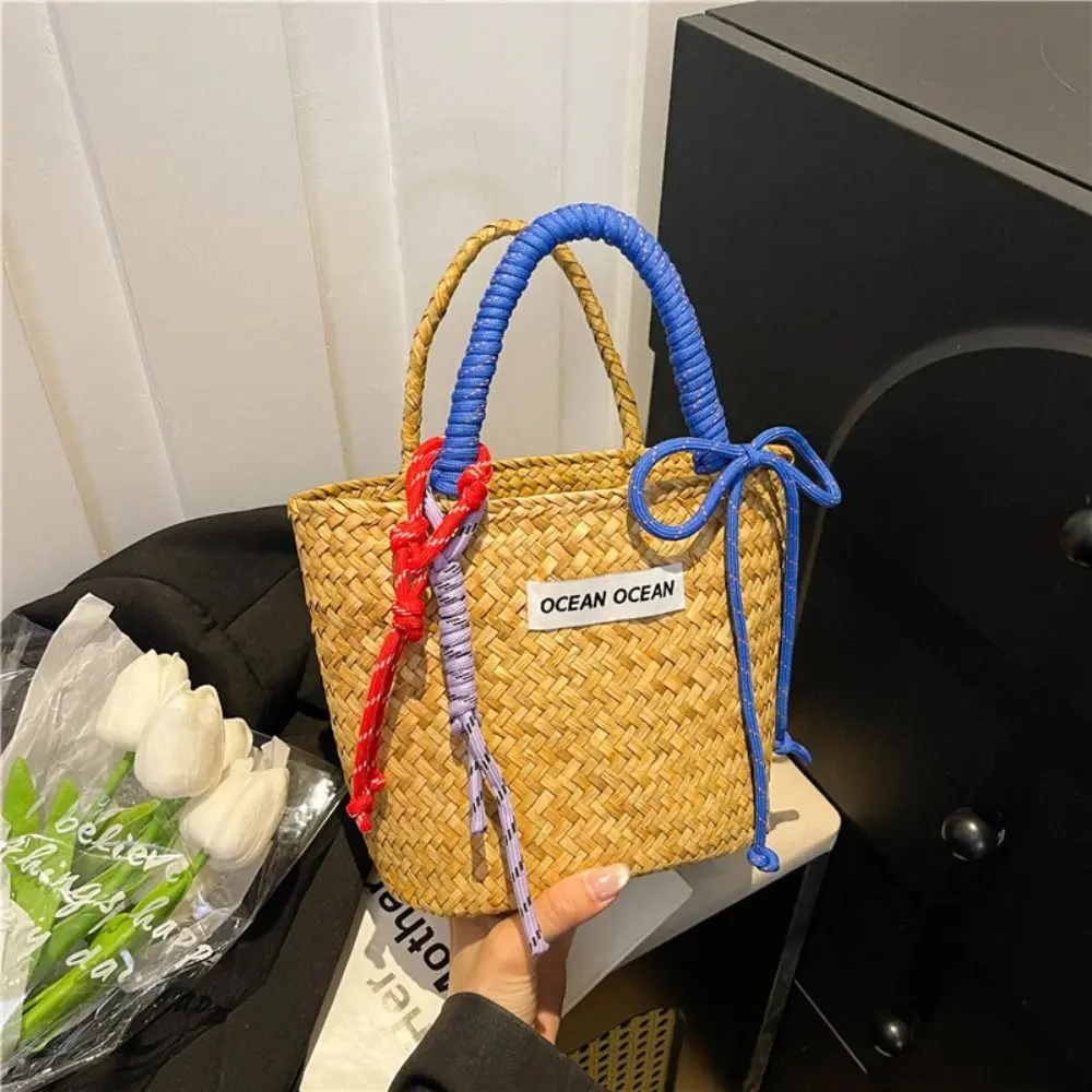 

Leisure Large Capacity Straw Basket Bag Nylon Rope Handmade Grass Woven Bag Shopping Bag Simple Summer Beach Handbag Summer