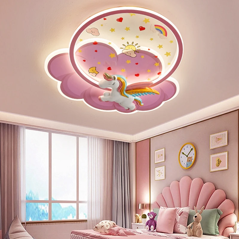 Princess Room Unicorn Ceiling Lamp Remote Control Optional Dimming LED Pink Ceiling Chandelier for Bedroom Nursery Room Girl Kid