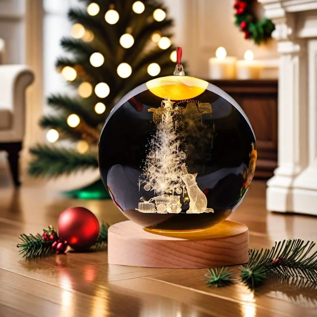 1pc,Christmas Cat 3D laser carved crystal ball with colored lights, living room bedroom home decorative lights, table decoration