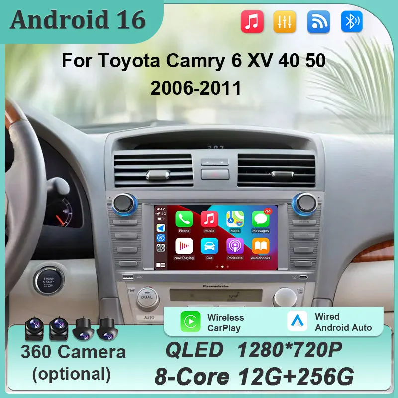 Radio Multimedia para Auto con CarPlay y Android Auto de 8 Pulgadas para Toyota Camry 6 XV 40 50 2006-2011, Reproductor con GPS, Navegación, Bluetooth, DSP, 4G y WiFi