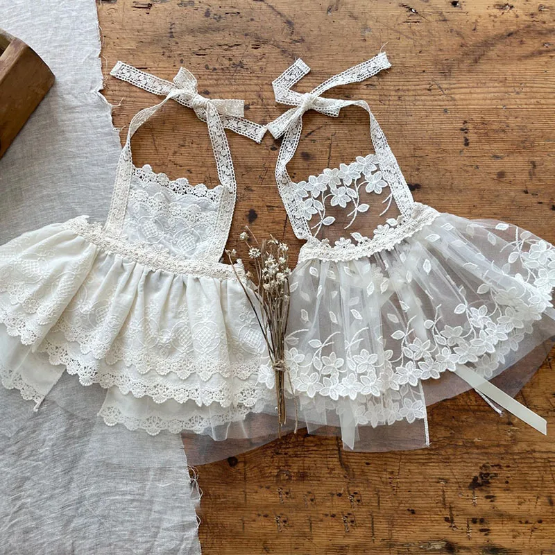 Newborn Princess Baby Clothes Lace Hollow-out Apron Dress Princess Lace Skirt Sweet Sleeveless Summer Lace-up Backless Skirt