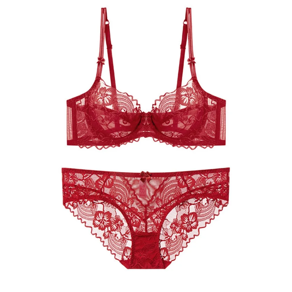 セクシーLadies Red Lace Bra Set Ultra‑Thin Push‑Up Brassiere Soft Comfort Breathable Women Lingerie Underwear Kit Daily Festival Use