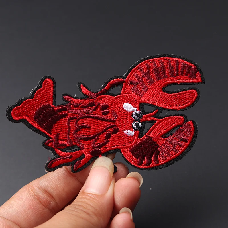 Crayfish size: 9.8x6cm Iron On Patches Embroidery Badge Clothing DIY Sewing Supplies Decorative Cute marine animals