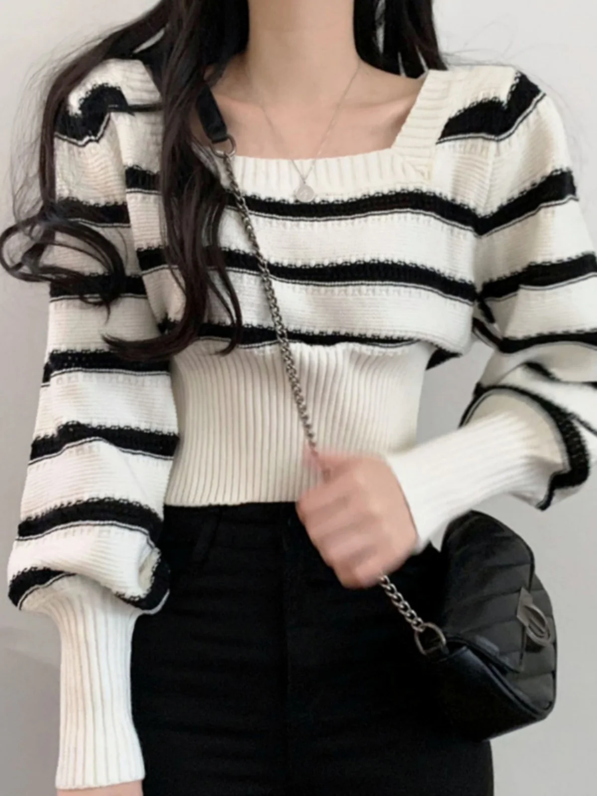 

Chic Autumn ort Striped Knitwear Bubble Sve Waist-Cinching Turtlene Sweater Commute Sle Regular Thiened Fabric