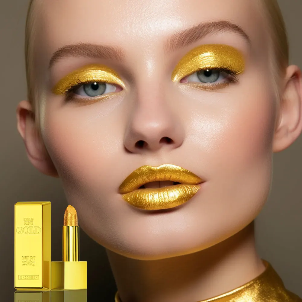 Shimmer Gold Lipstick Metallic Glitter Sexy Lipsticks Long Lasting Batom Waterproof Cosmetic Gold Brick Tube Design Gift 3.5g