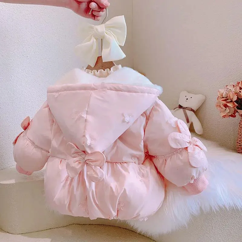 Girls' Winter Jacket Cotton Coat Sweet Baby Princess Warm Lovely Hooded Bow Short Parka Children's Fashionable Thickened Outwear