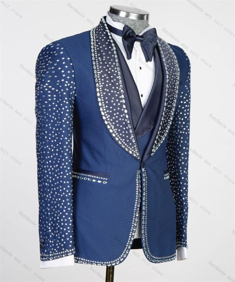 

Blue Men Suits 2 Piece Blazer+Pants Luxury Crystals Stone Wedding Tuxedo Coat Customized Formal Office Prom Jacket Trousers