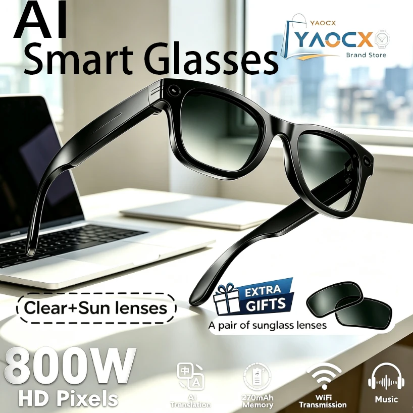 Smart Glasses with Video Intelligent Recognition 8MP HD Camera  Al Photo Object Recognition Al Intelligent Q&A Al Translation
