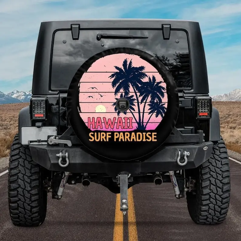 Spare Tire Cover Hawaii, Pink Beach Spare Tire Cover, Optional rear camera hole, Hawaii Surf Wheel Cover, Palm Tree Spare Tire C