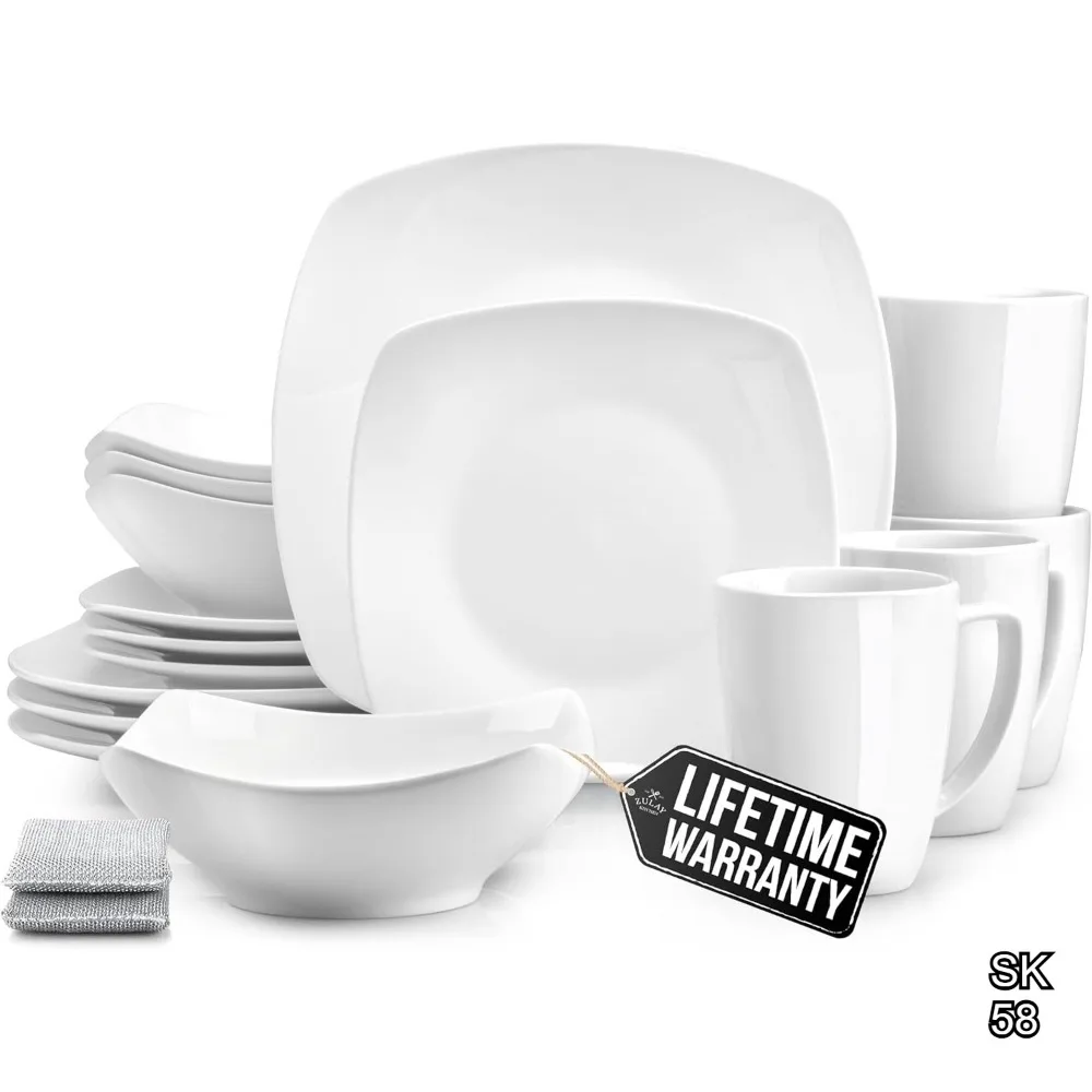 

16-Piece Modern Porcelain Dish Set for 4, Chip-Resistant Square Dinnerware, Microwave and Dishwasher Safe in Pearl White