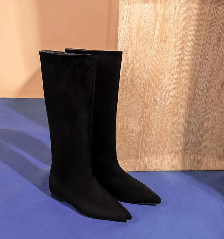 Women Knee High Boots Suede Leather Slip on Knight Boots Pointed Toe Low Heel Solid Color Warm Winter Autumn Boots Shoes Females