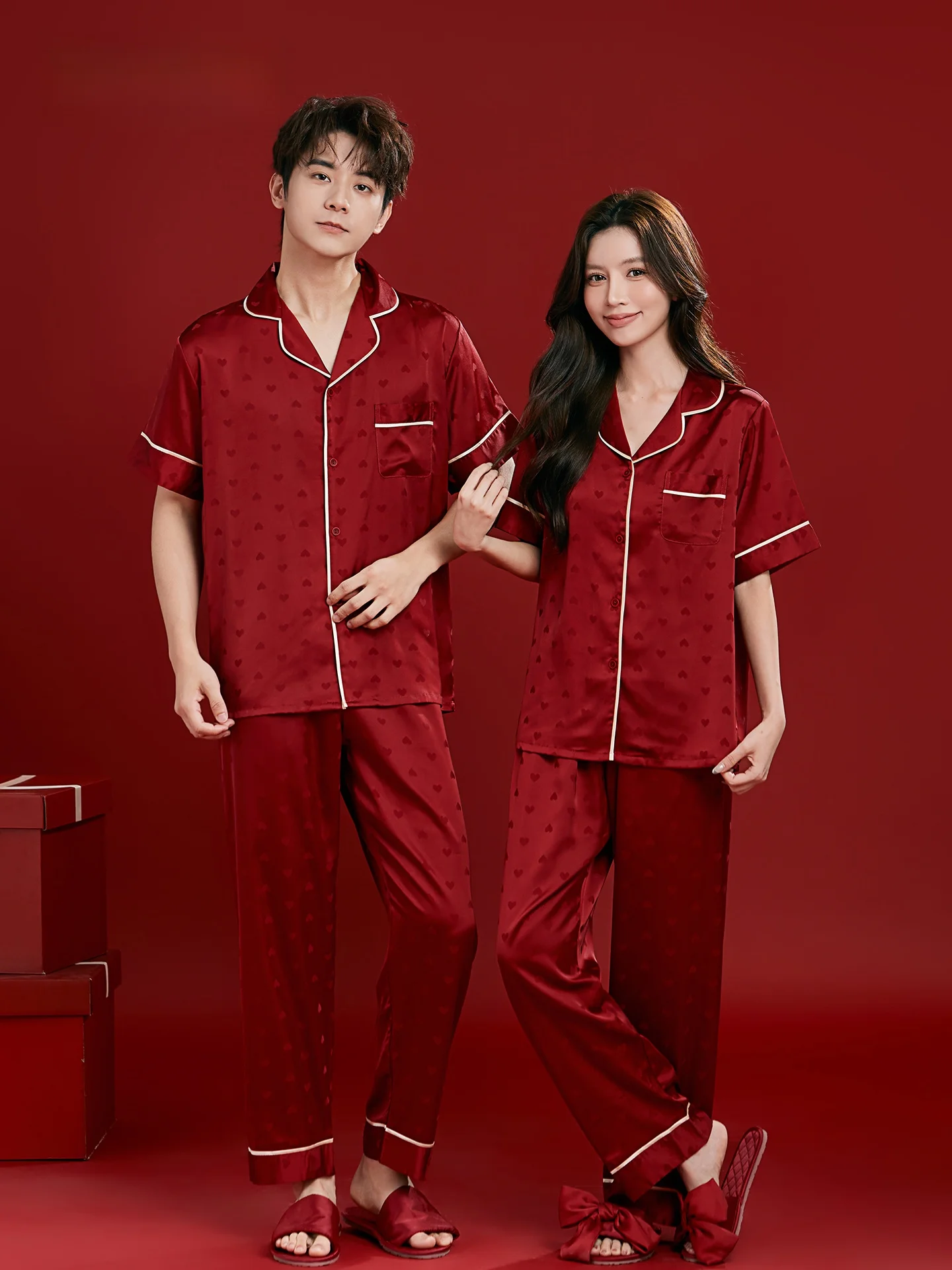 Shanghai Story 2026 Conjunto de Pijama de Verão para Casal, Seda Gelada, Manga Curta, Roupa de Casa, Fibra de Poliéster Macia, Caixa de Presente