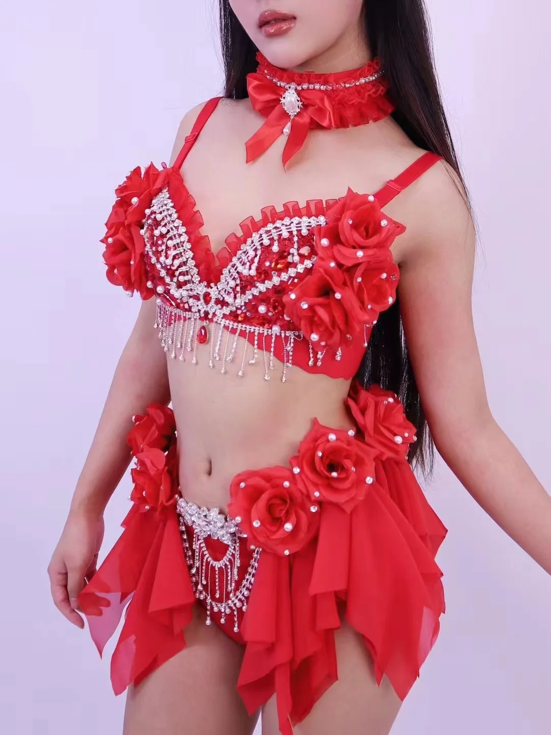 

Luxury Shiny Diamond Red Rose Flower Bikini Dress Outfits New Year Christmas Valentine's Singer Bar Nightclub Dance Stage Wear