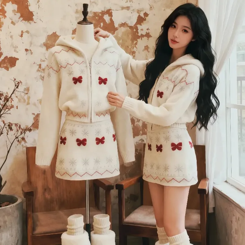 

Осенне-зимняя одежда, женский свитер из двух предметов, новинка 2026, свободный принт, уникальный красивый рождественский вязаный свитер, комплект с юбкой