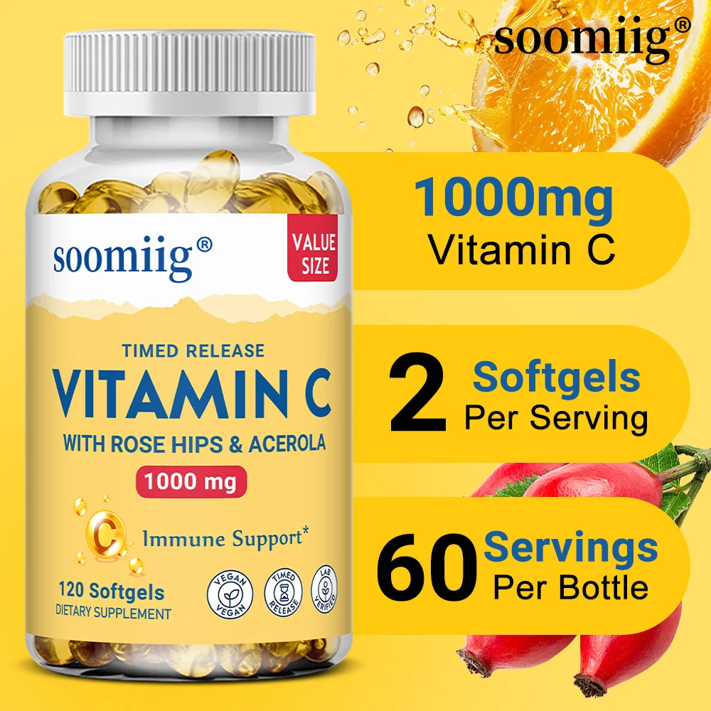 Vitamin C W/Rose Hips & Acerola | 1000mg | Two-Stage Timed-Release Healthy Immune Function, Skin, Hair & Nails Support | Non-GMO